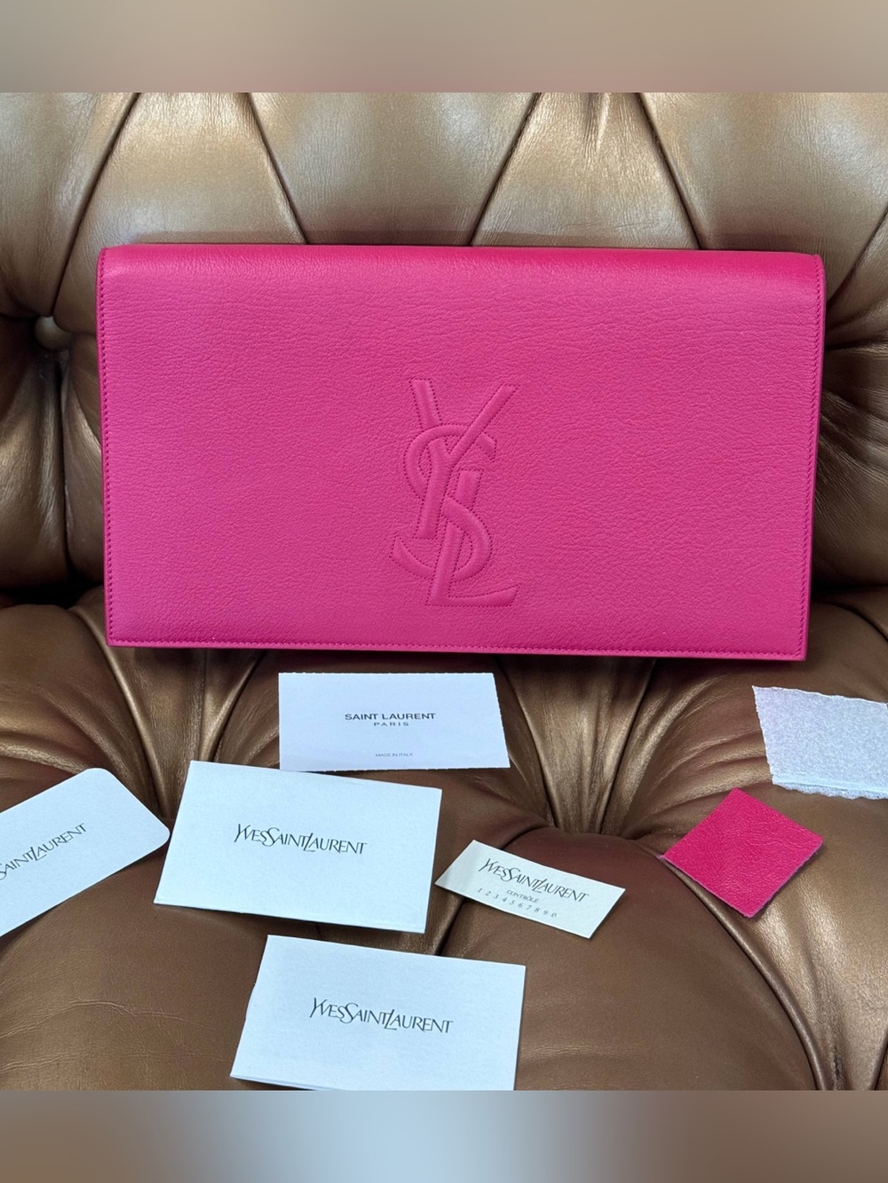 SAINT LAURENT Calfskin Leather Monogram Large Belle De Jour Clutch in Lipstick